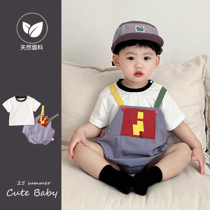 夏季潮款婴幼儿背带裤连身哈衣男女宝宝休闲风两件套棉质连体爬服