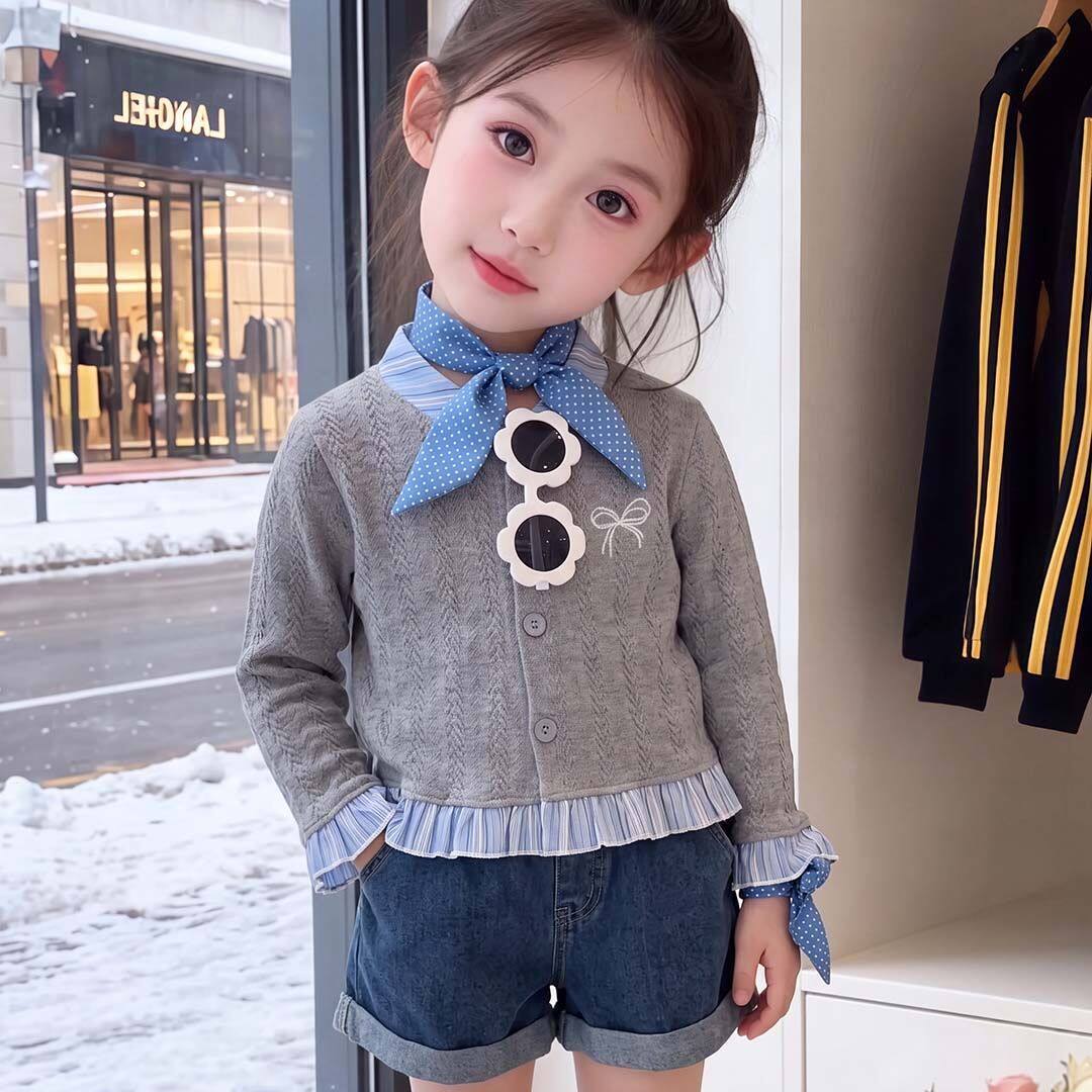 可爱女童花边韩版秋冬款开衫2026新款儿童打底衫潮流毛衣纯色上衣
