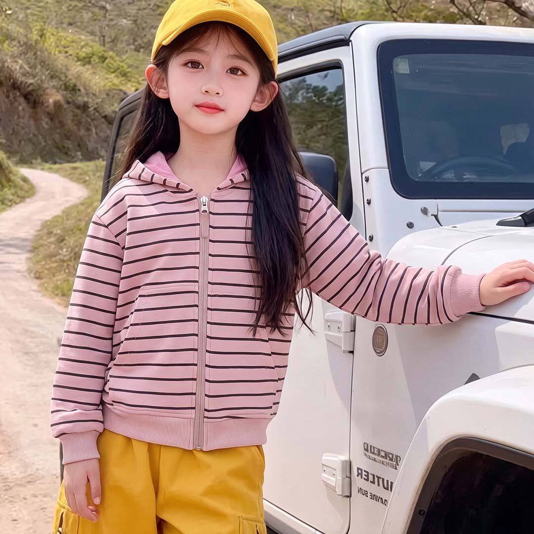 儿童春秋新款连帽外套条纹百搭男女童洋气休闲中小童外套时尚甜美