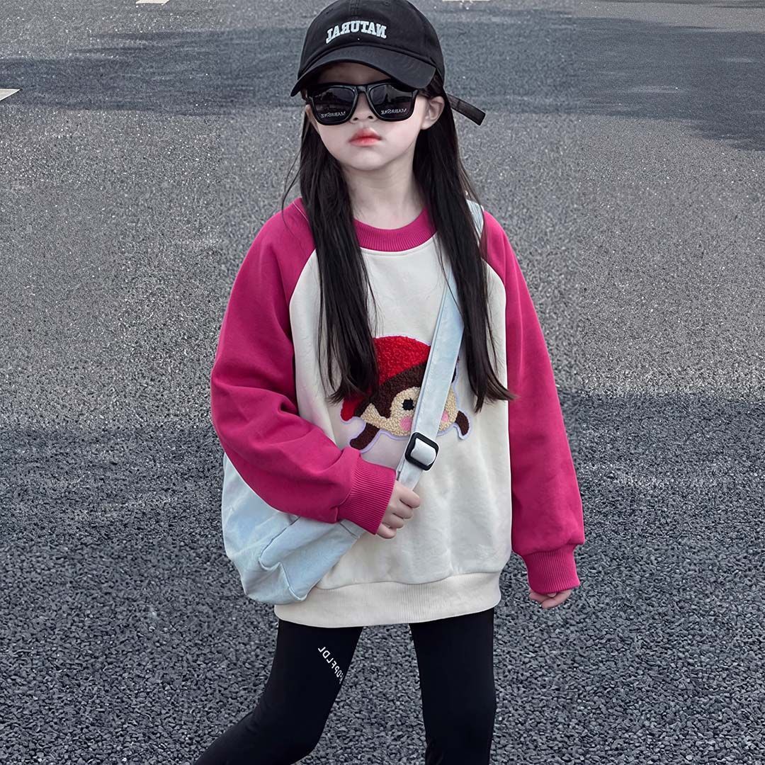 初秋韩版卡通衣服毛巾绣上衣中大童春秋款时尚百搭卫衣通用森系