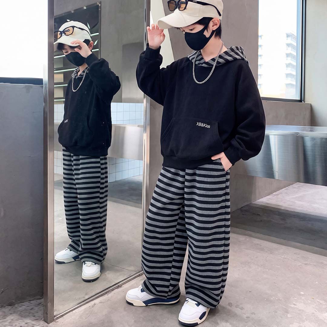 儿童连帽卫衣套装秋季童装宽松休闲连帽上衣条纹裤子两件套装帅气