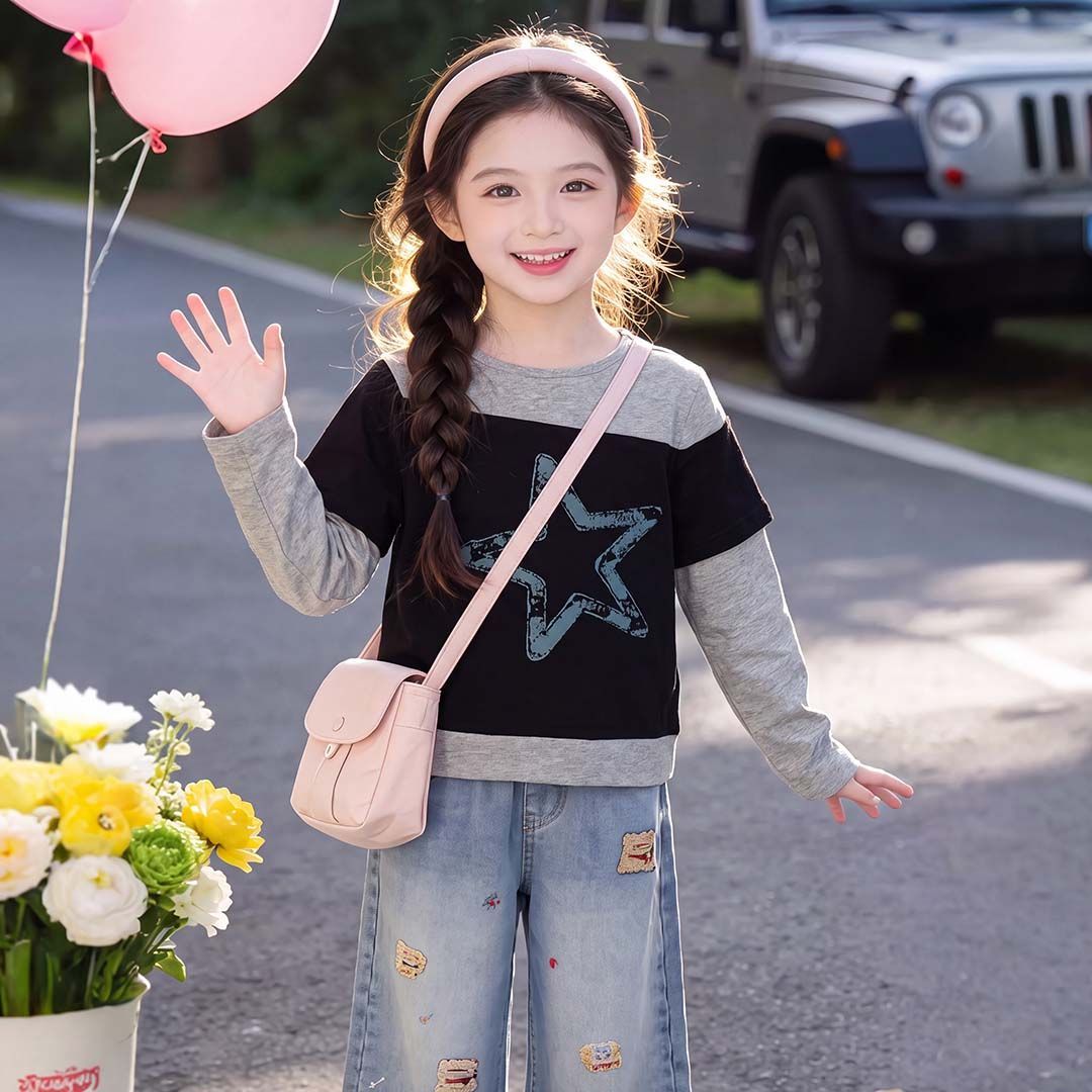 女童星星印花长袖中大童潮款打底衫2026春秋款韩版假两件女童T恤