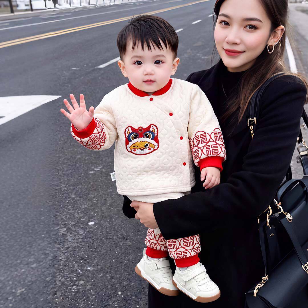 儿童保暖内衣红色过年衣服婴儿拜年服宝宝周岁夹棉分体套装超萌