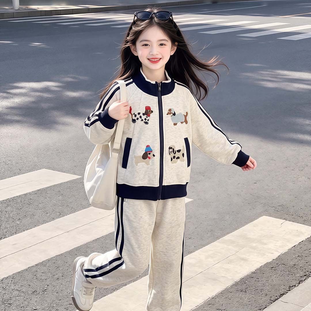 儿童潮款童装女童运动韩版时尚新款卡通套装春秋中大童拉链两件套
