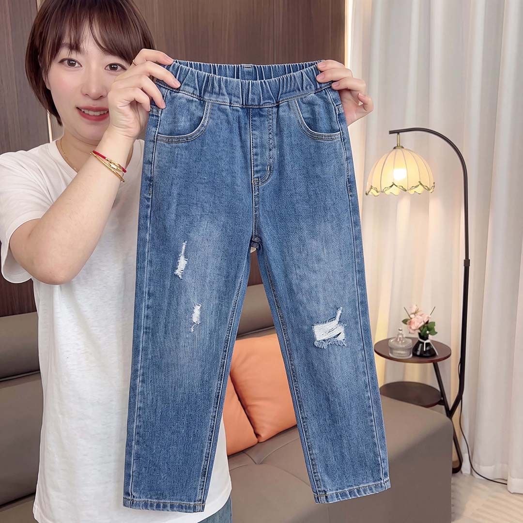 女生破洞牛仔裤秋季儿童宽松舒适阔腿裤小童松紧腰日常外出休闲裤