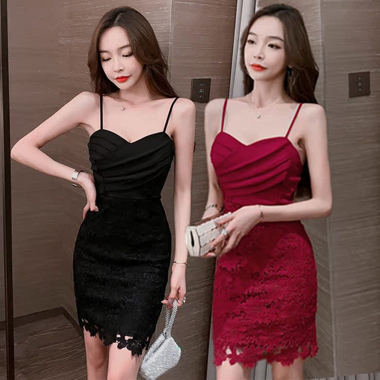 夜店酒吧女装小礼服名媛气质性感低胸深v领蕾丝抹胸吊带连衣裙子