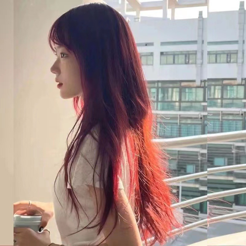 韩系女团假发酒红色长直发整顶假发女长直发齐刘海高温丝化纤假发