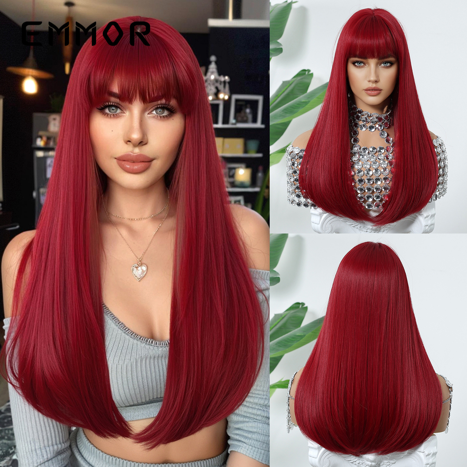 cosplay湄拉红节日热销头套女空气刘海齐肩长直发假发全头发型wig