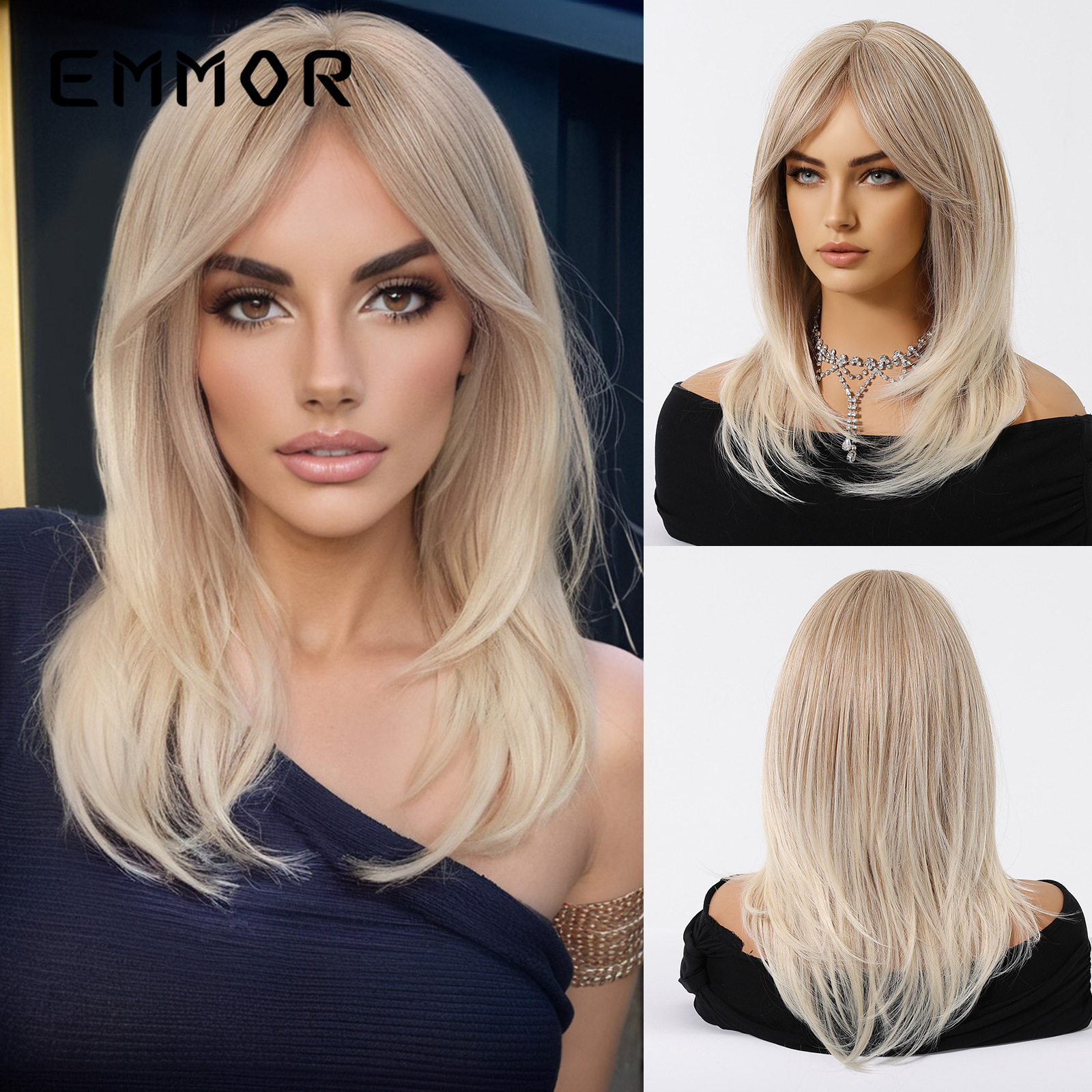 热销款时尚锁骨发浅金色八字刘海长发微卷假发全头发型wigs