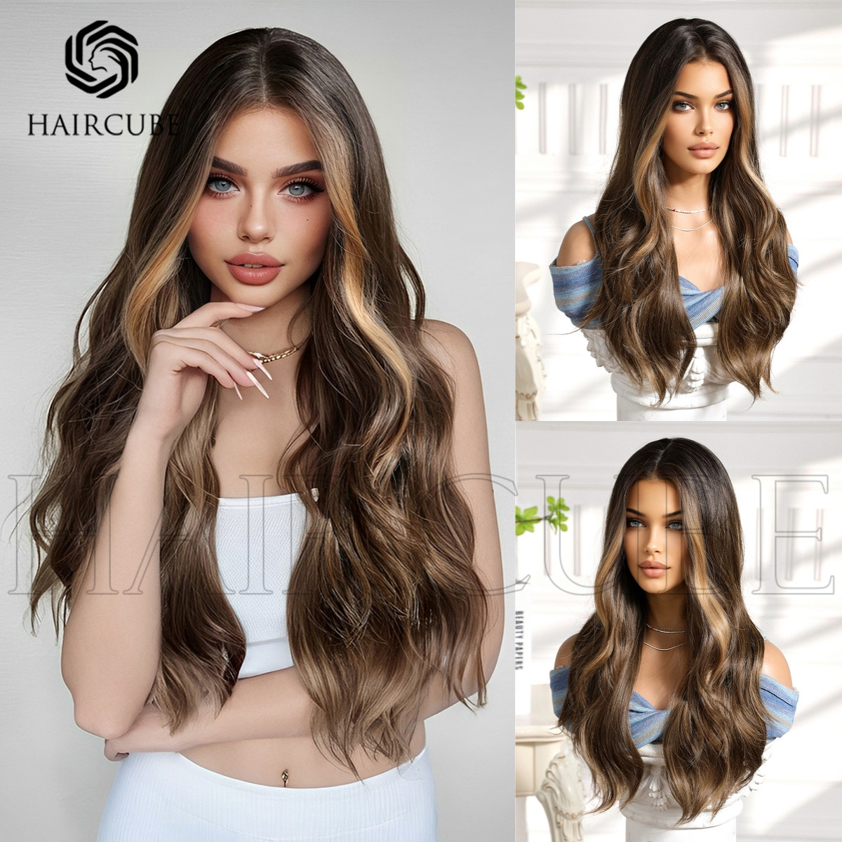 欧美长卷发假发自然棕挑染齐刘海长卷发大波浪全头套跨境许昌假发