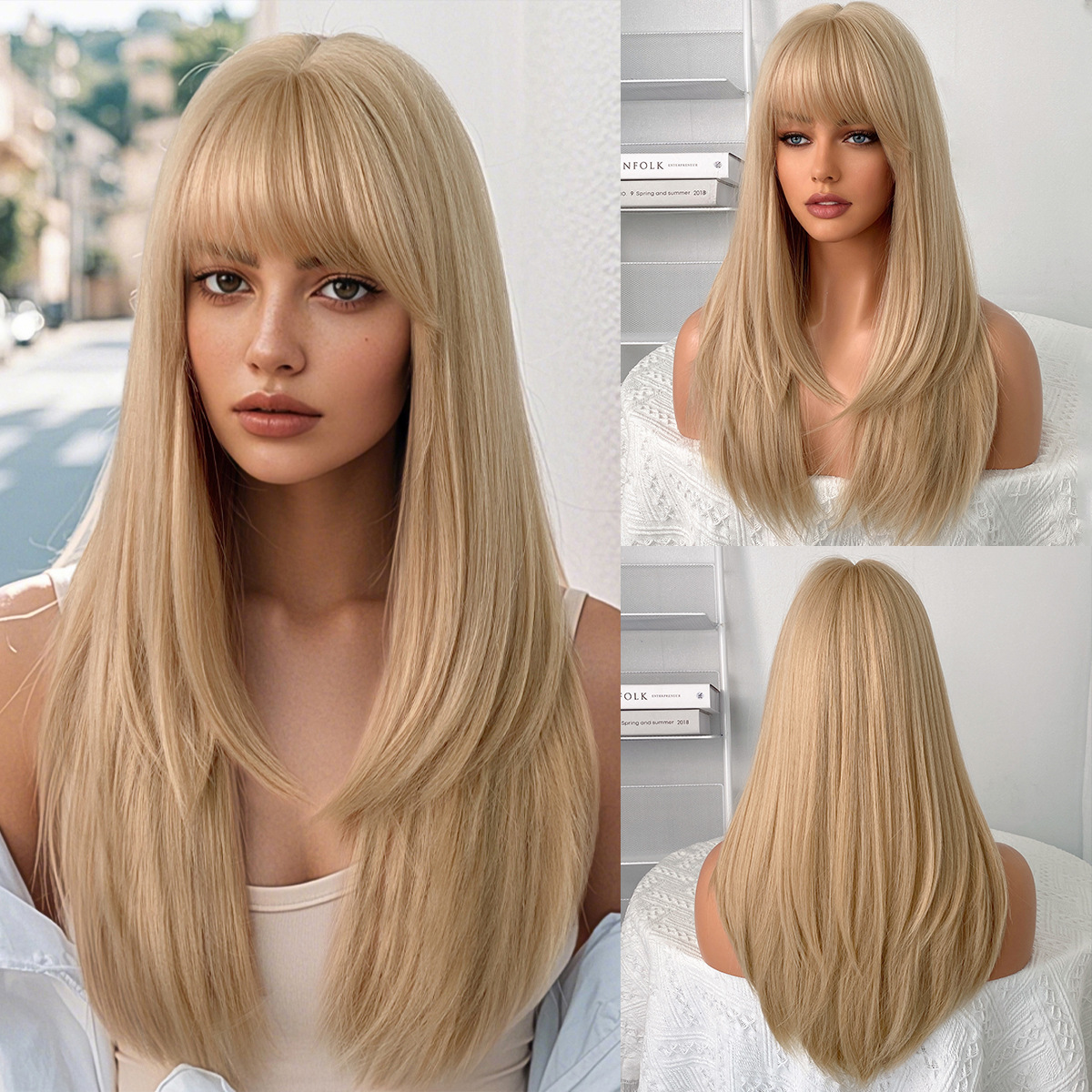 跨境米金色长发假发女士齐刘海直发层次假发全头发型化纤假发
