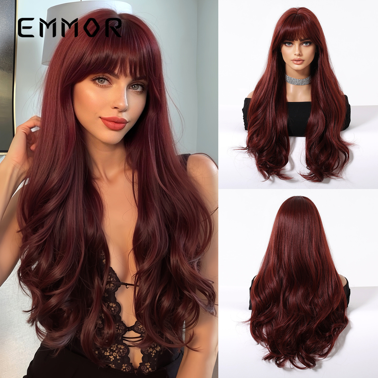 齐刘海大波浪酒红色长卷发欧美风时尚自然蓬松假发全头发型wigs