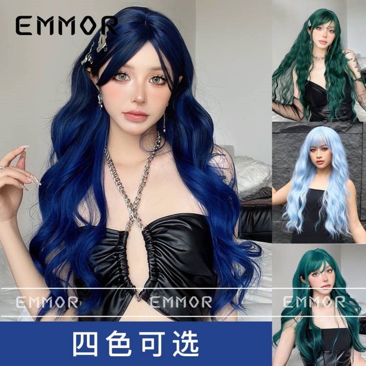 假发女长发 天蓝色长卷发波浪卷日常lolita自然圆脸 全头套