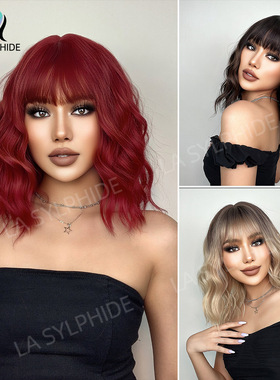 欧美假发女士机制高温丝hair头套空气刘海红色金色短卷发wig