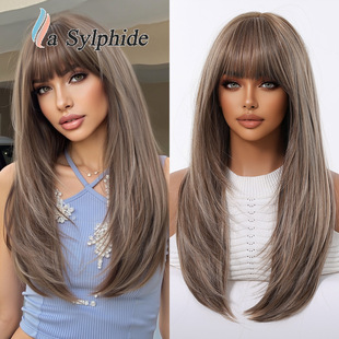 假发女全头套混血高温丝仿真金色深棕色齐刘海层次长直发整顶减龄