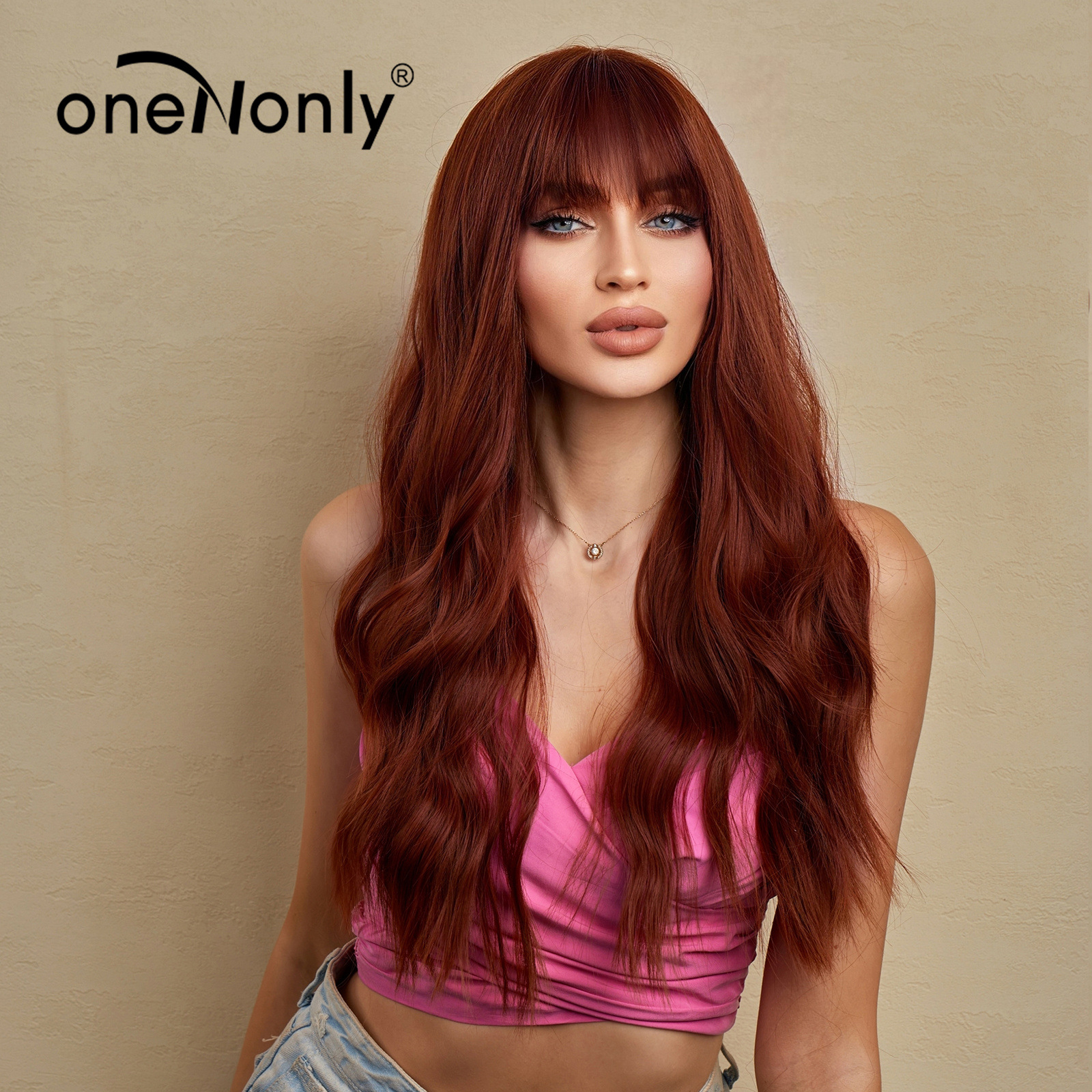 假发女中长发女团日常齐刘海焦糖色红棕色机织化纤发仿真全头套式