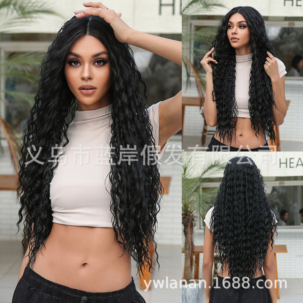 黑色非洲小卷蕾丝假发28inch中分长卷发进口丝化纤发前额蕾丝假发