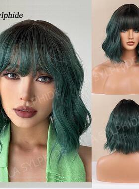黑色渐变墨绿色齐刘海BOBO中长卷发Hair 机制欧美化纤假发女Wigs