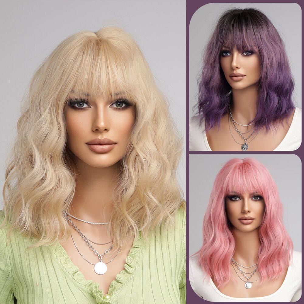 多色可选外贸欧美假发齐刘海中长卷发气质款wig 假发头套厂家直供