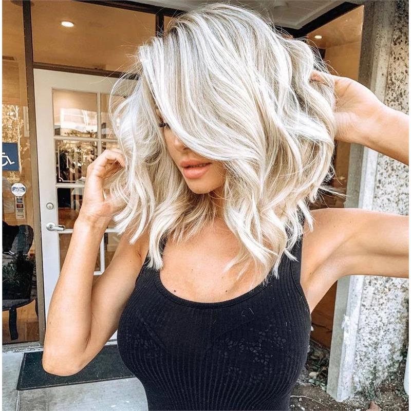 欧美假发女短发 染色渐变白金色段波浪假发 化纤发玫瑰网假发