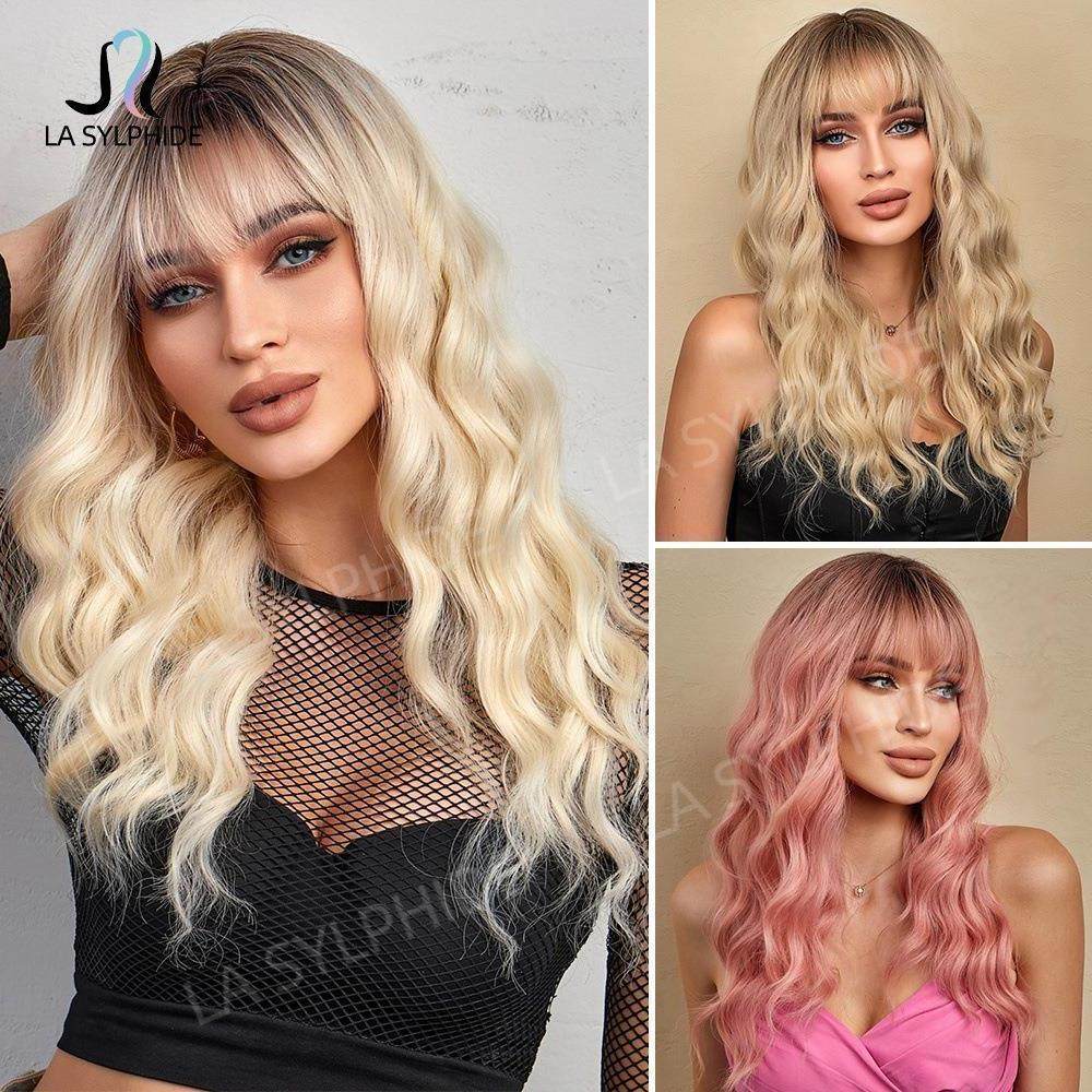 外贸假发新品女中长卷发齐刘海时尚百搭机制高温丝玫瑰网舒适贴合