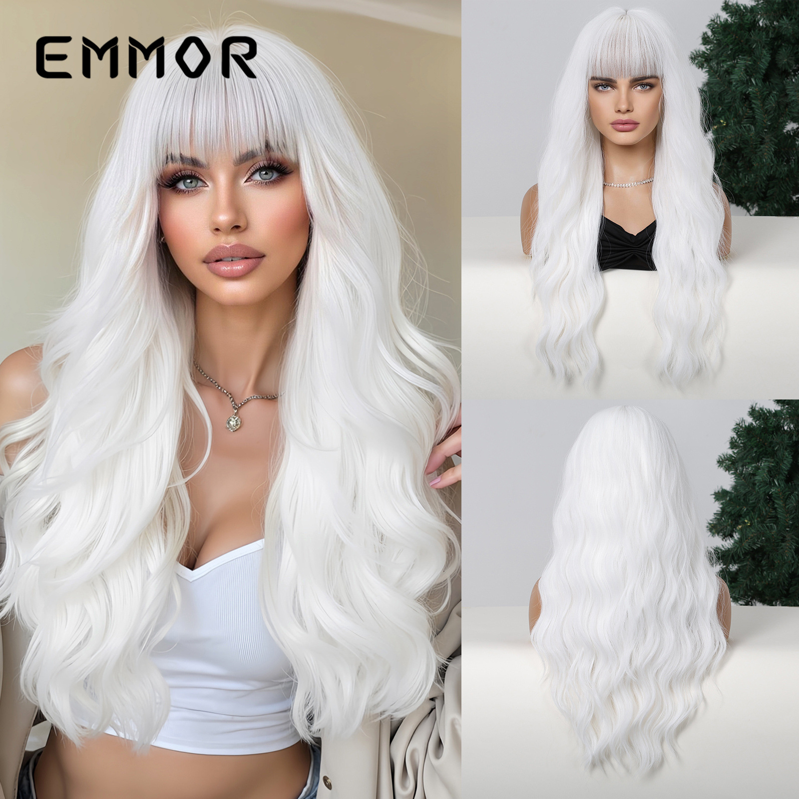 假发欧美货源齐刘海白色长卷发节日氛围感多巴胺cos全头套