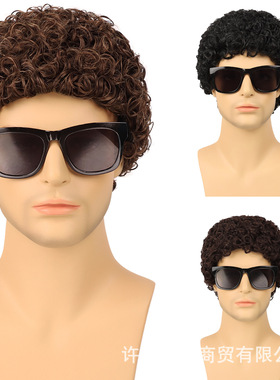 现货秒发厂家直供欧美男士假发羊毛卷头套 小卷短发头套Afro wig