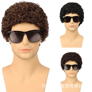 现货秒发厂家直供欧美男士假发羊毛卷头套 小卷短发头套Afro wig