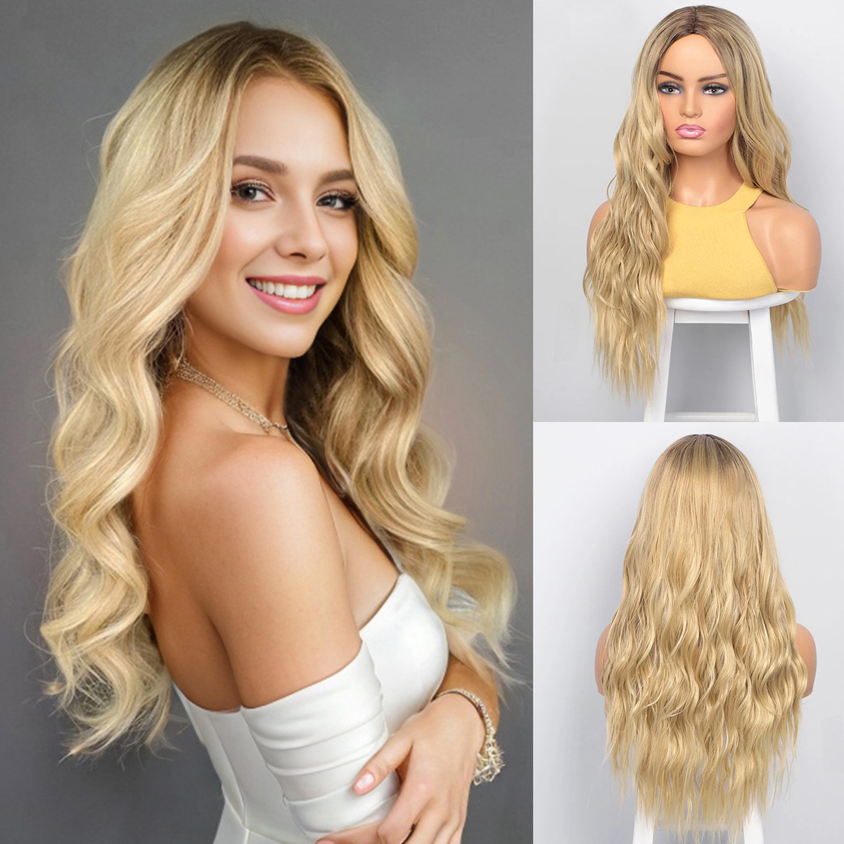 欧美假发金色跨境波浪卷头顶染色长卷发wig 假发女全头套代发现货