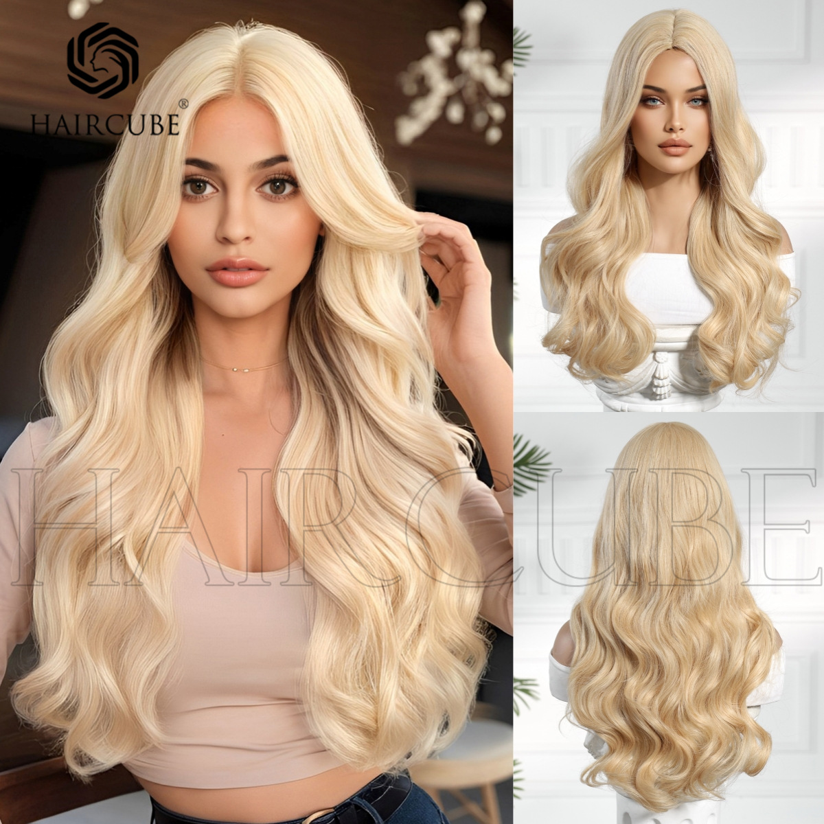 TikTok热卖长卷发假发女刘海金色中分大波浪欧美化纤假发wigs