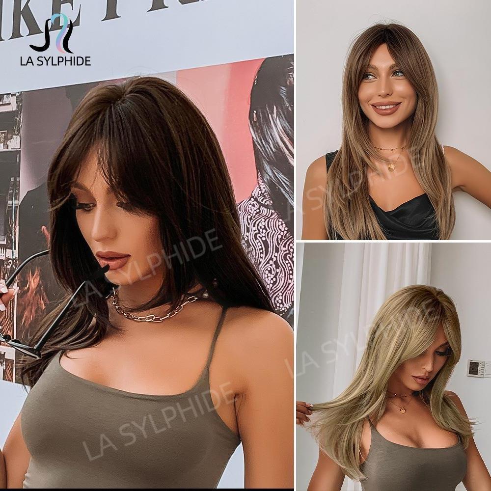 欧美假发中长发多色可选棕色浅金色 温柔知性机制高温丝wigs外贸