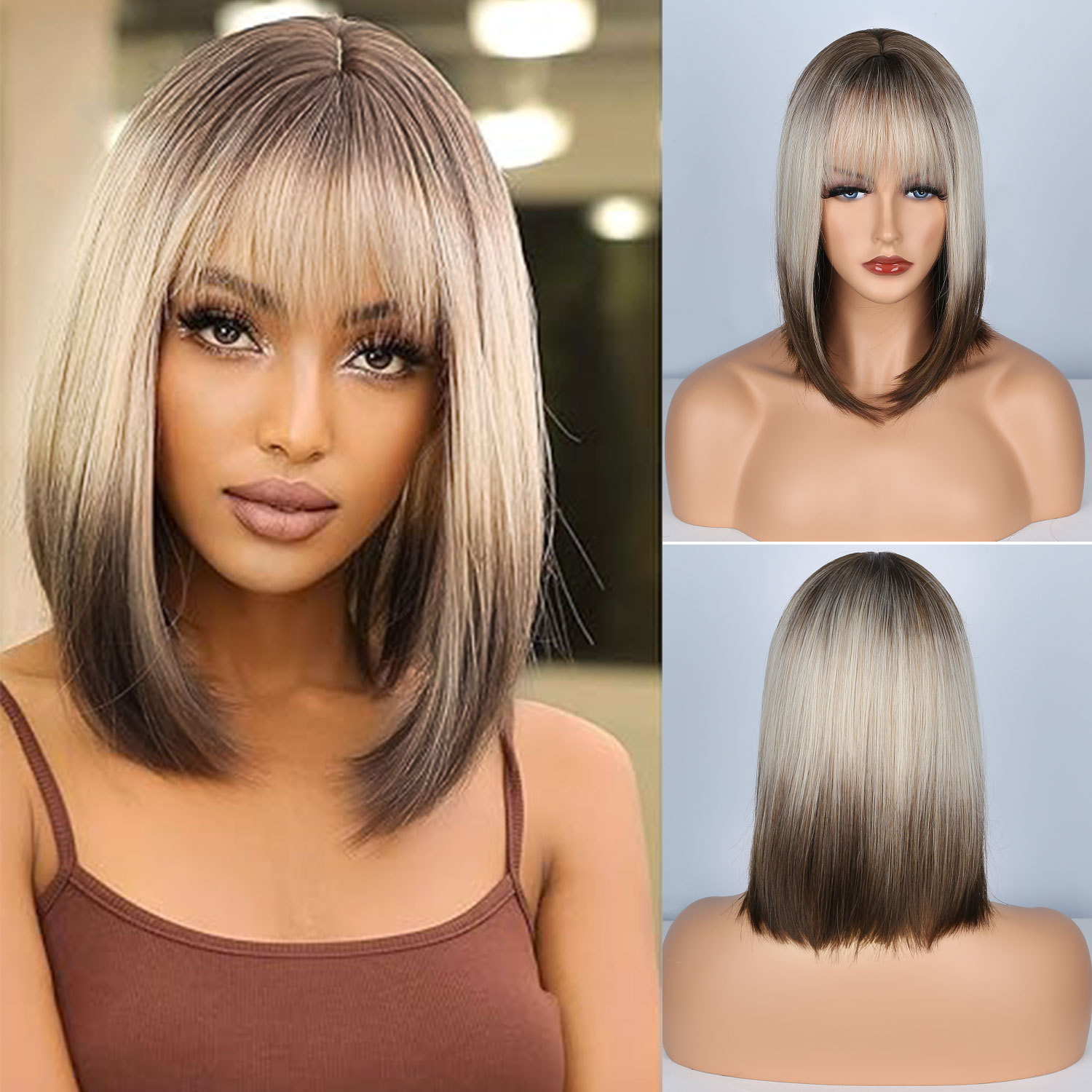 跨境新款欧美女士假发渐变短直发bobo玫瑰网化纤头套许昌现货