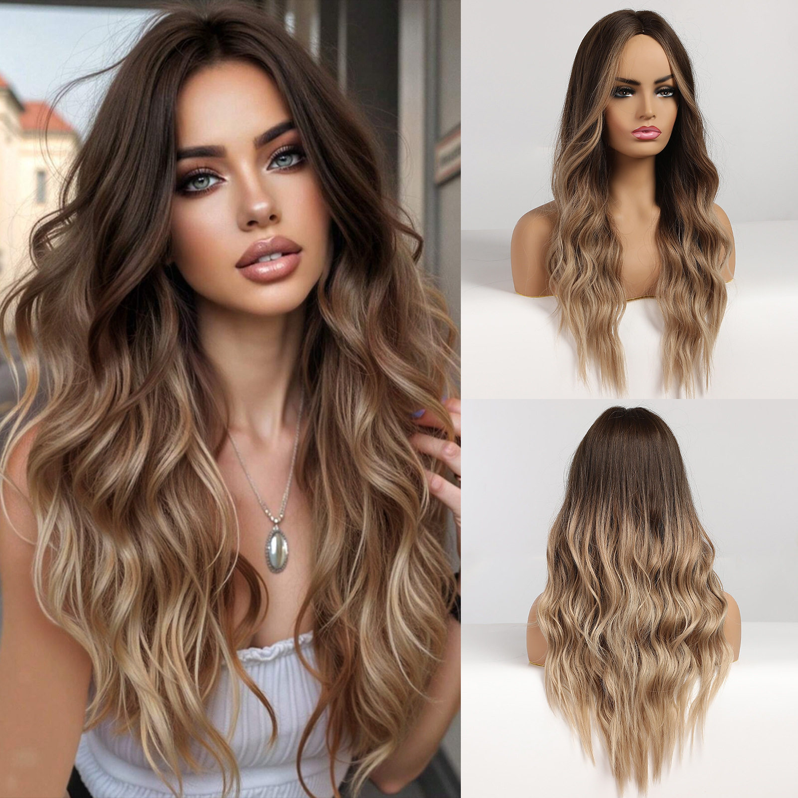 新款欧美风假发女氛围气质女神渐变棕色长款卷工厂现货全头套