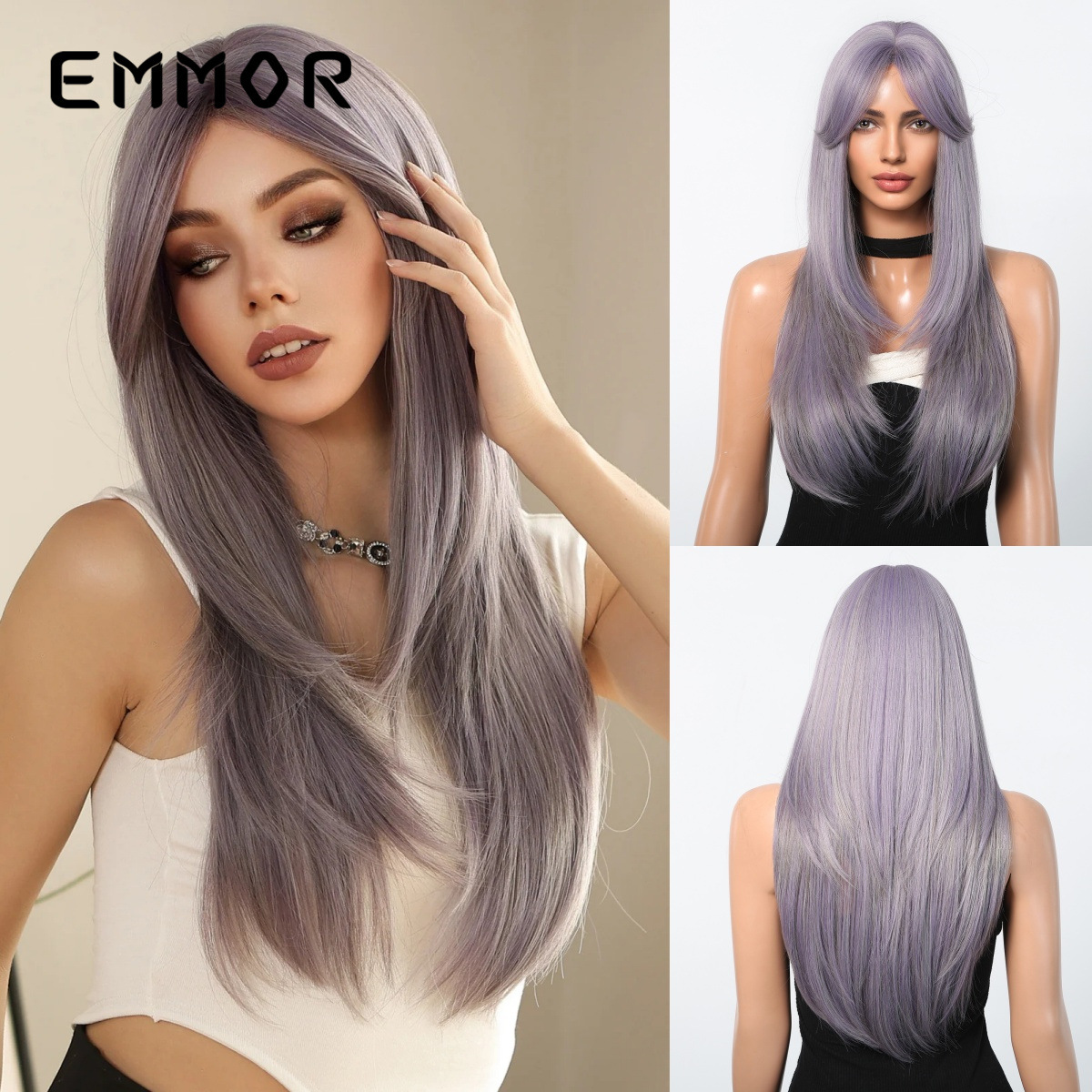 欧美风假发女长发全头套网红新款中分八字刘海紫色y2k层次长直发