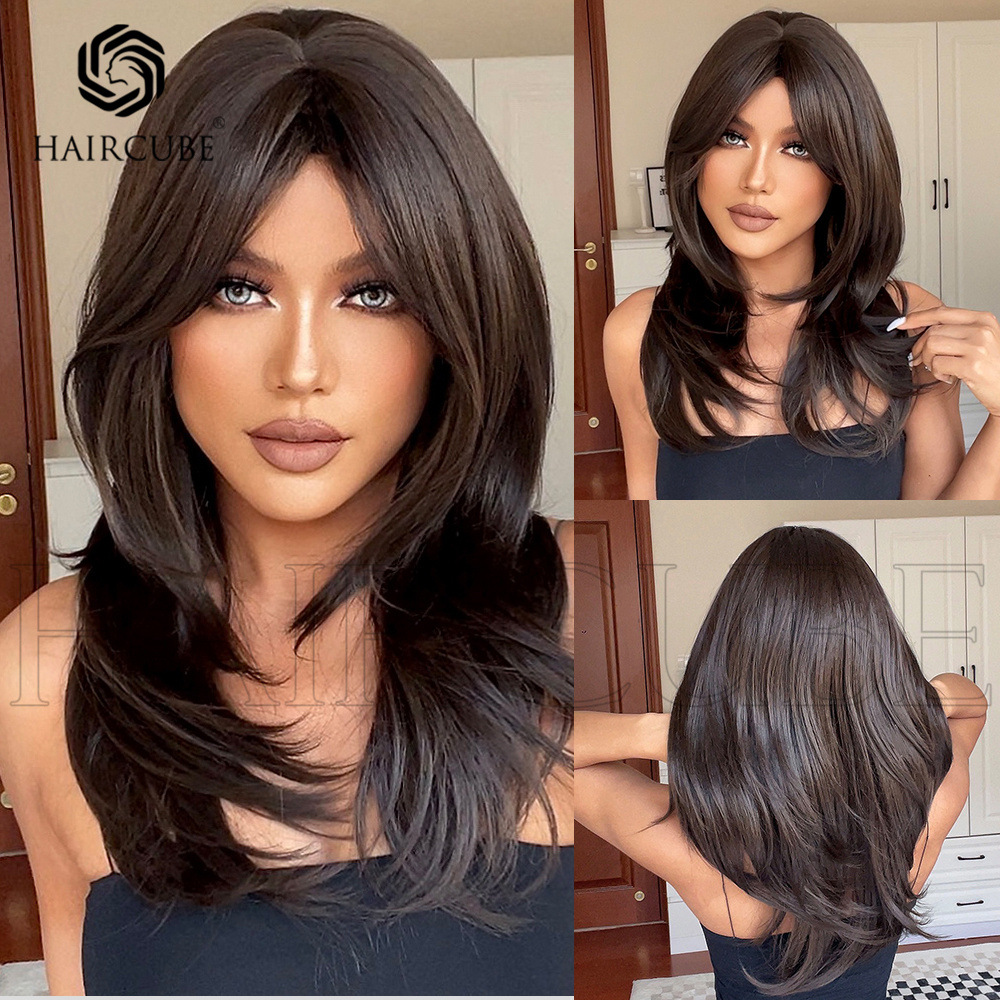 外贸新品化纤假发发套女黑色八字刘海假发wigs自然逼真日常适用