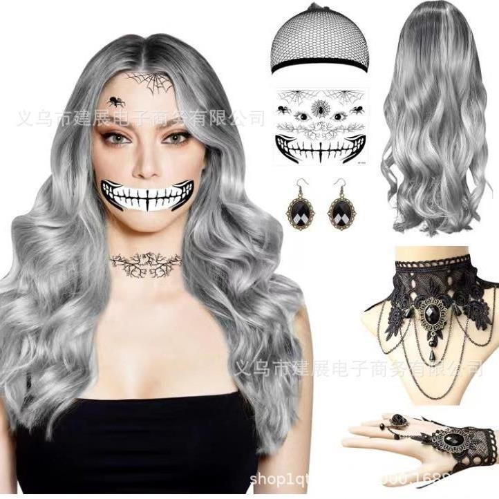 欧美挑染中分长卷发 COS灰色渐变 动漫假发女新品化纤全头套