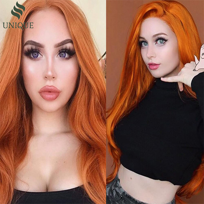 跨境欧美深橘色长卷时尚假发女前蕾丝发化纤全头套 lace wigs