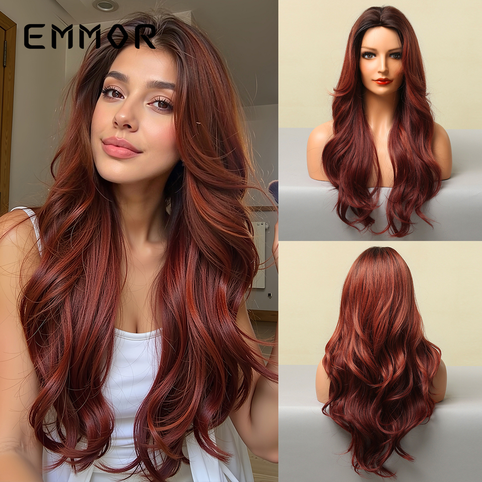 现货中分渐变红色大波浪欧美长卷发假发cosplay wigs头套