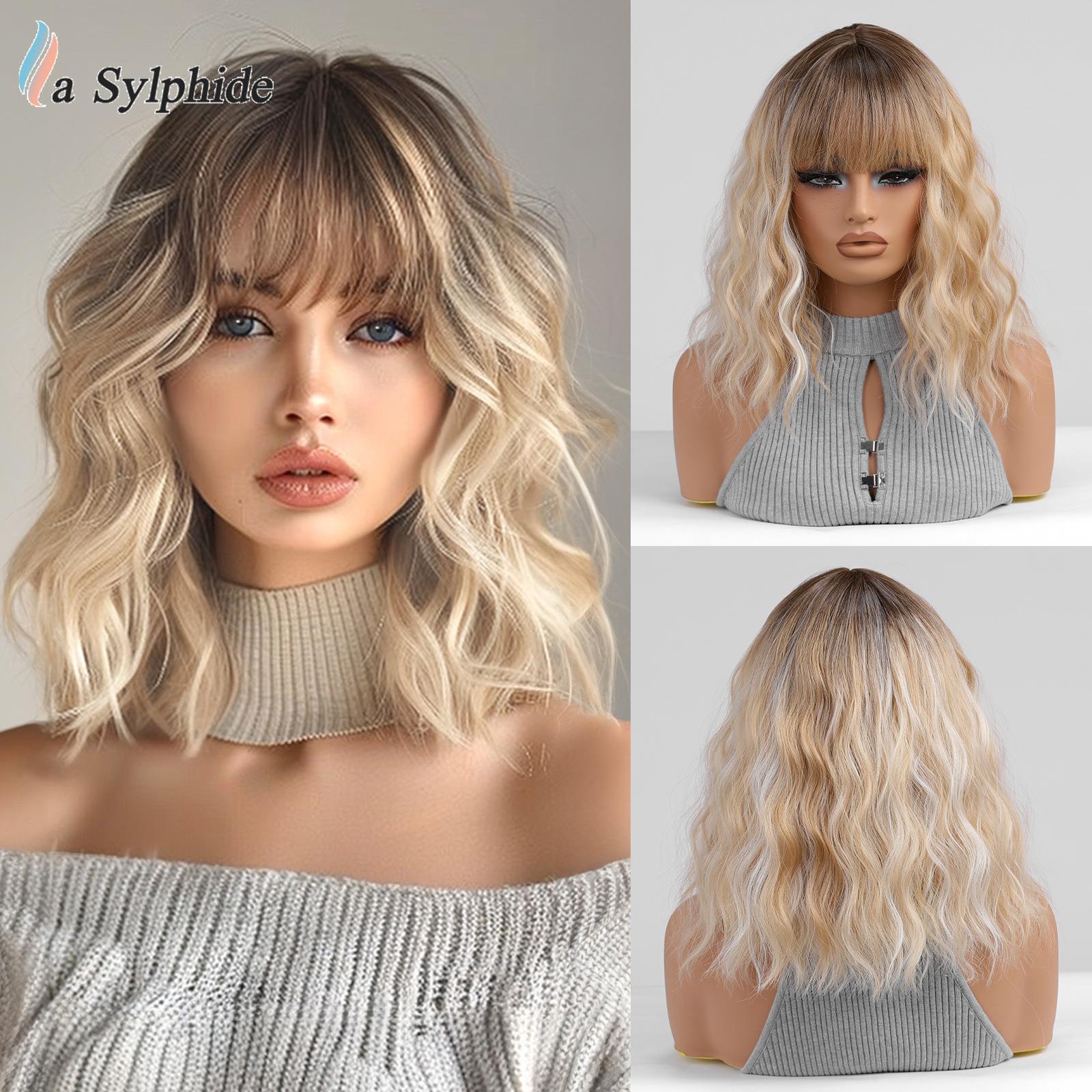 短卷发假发女刘海橘色白金色粉色挑染混色机制欧美热卖wig