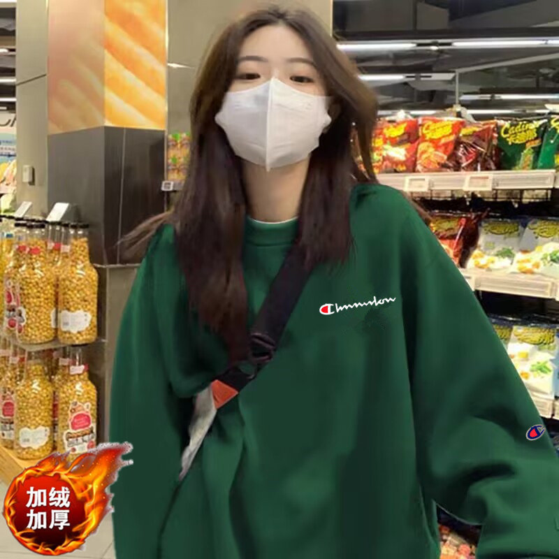 欧美潮冠军圆领卫衣女生秋冬美版重磅宽松加绒加厚休闲情侣外套男