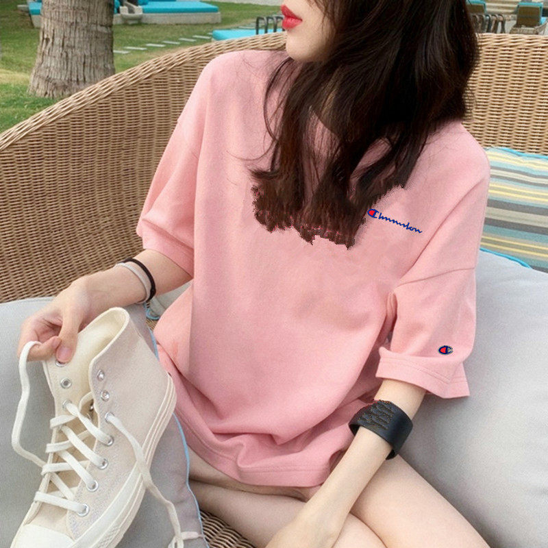 冠军基础款夏季粉色半袖女短袖T恤PINK情侣宽松纯棉五分重磅中袖