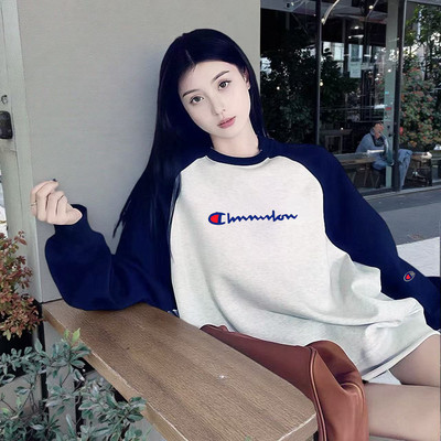 美潮冠军韩系拼色加绒插肩卫衣女