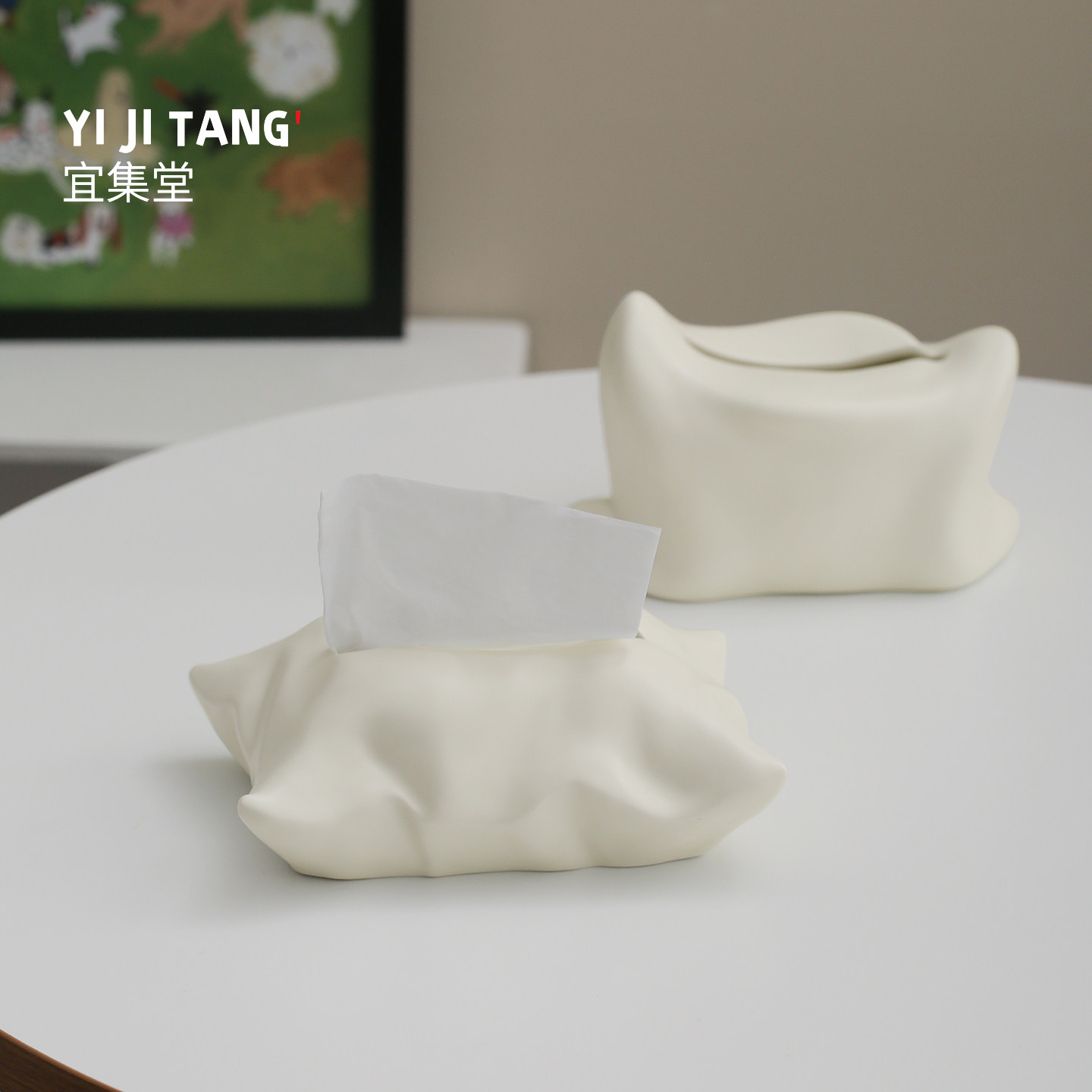 宜集堂枕头奶油风纸巾盒高级感陶瓷抽纸盒客厅桌面装饰摆件酒店