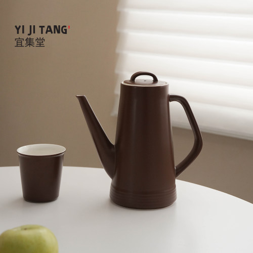 宜集堂奶油风陶瓷巧克力色茶壶