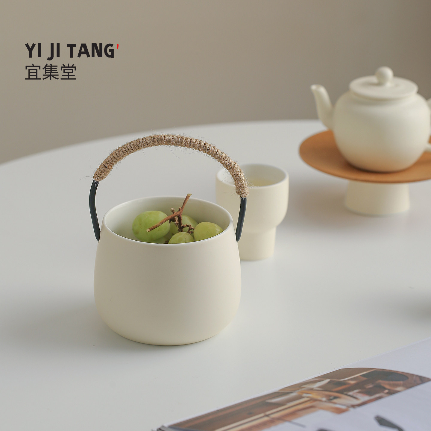 宜集堂INS奶油提梁果篓陶瓷水果盘收纳干果桌面收纳筒桶装饰摆件,家居饰品,果盘/果篓,淘宝优惠券,粉丝福利购,淘宝优惠卷