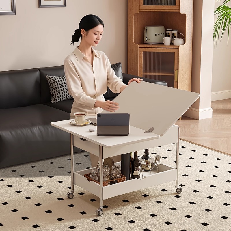 奶油风可移动升降折叠白色边几沙发边柜客厅小推车置物架2025新款 - 封面