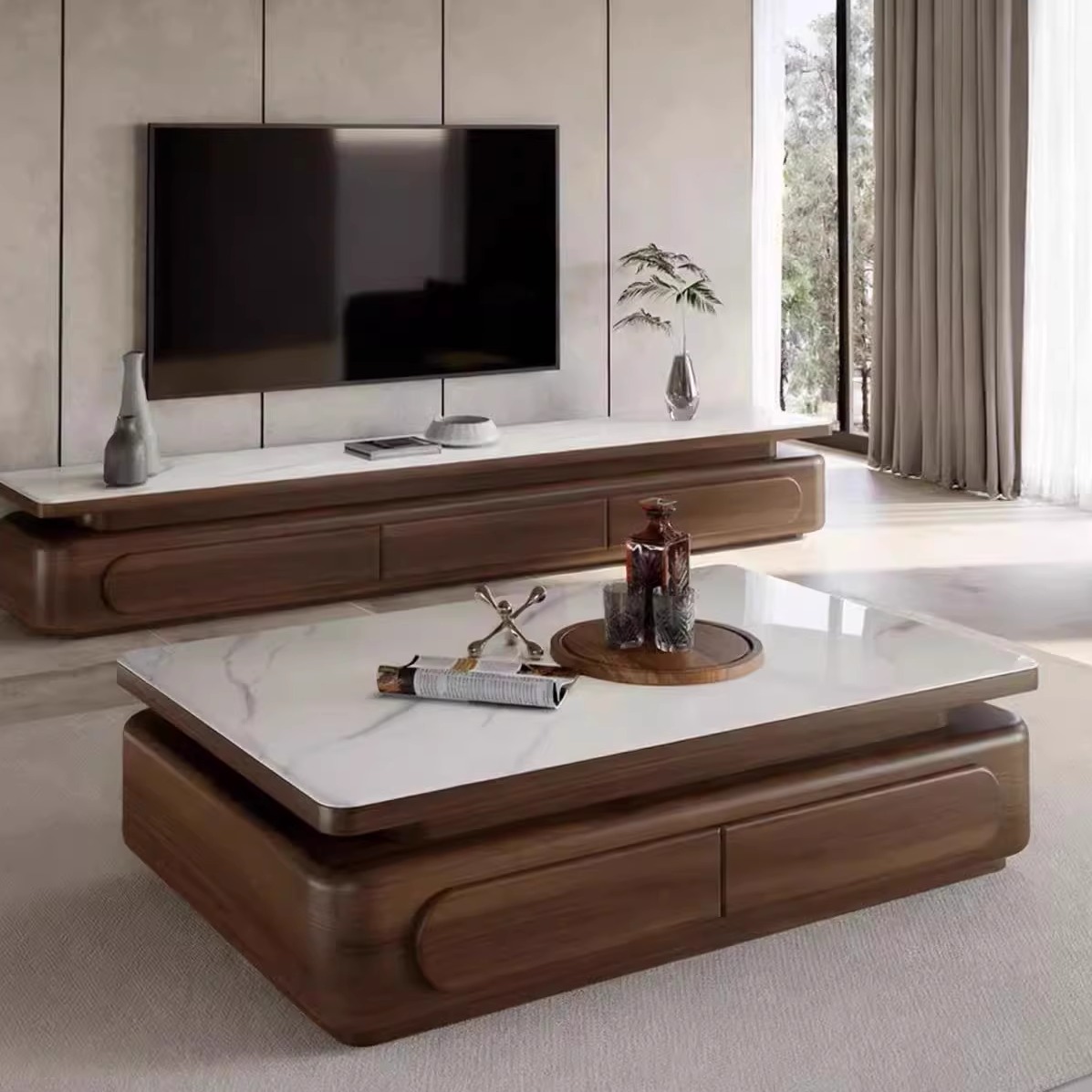 轻奢胡桃色长方形岩板茶几电视柜组合简约现代小户型客厅家用茶几
