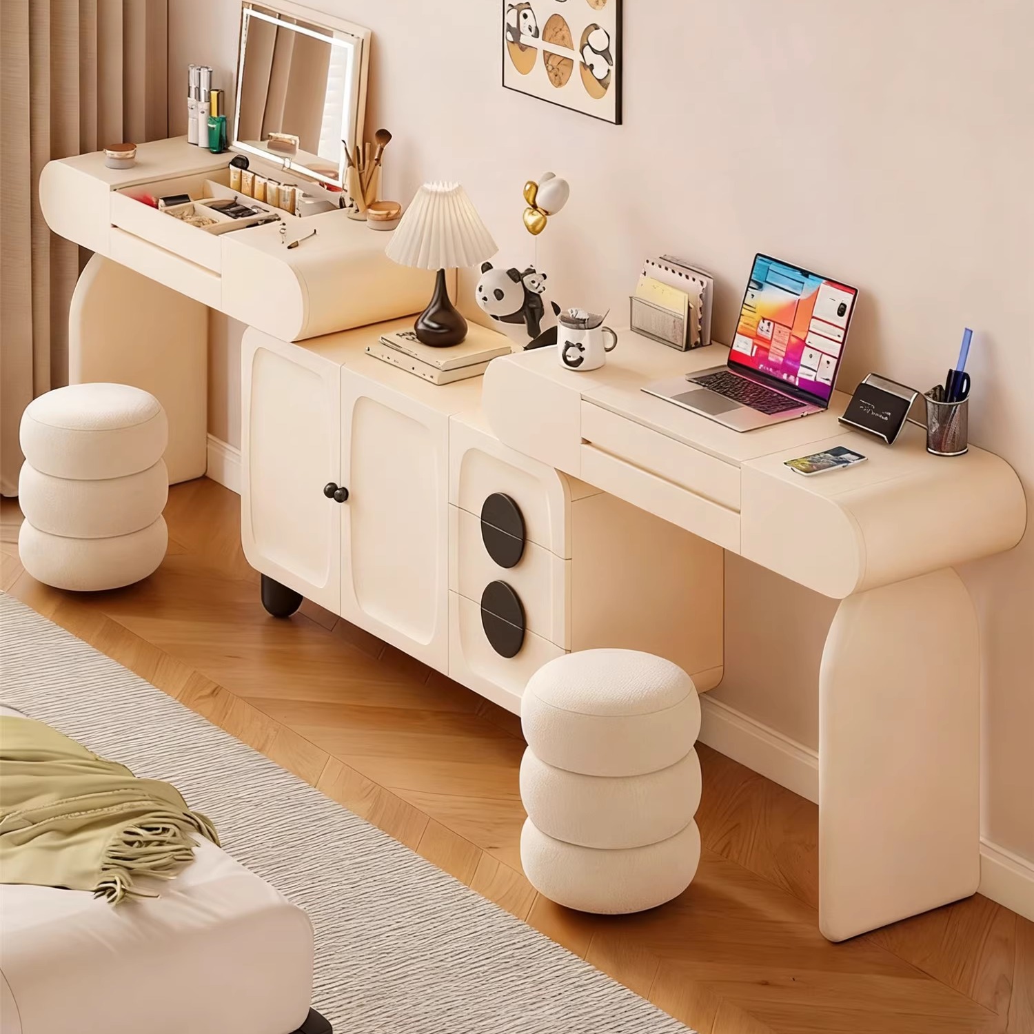 法式奶油风化妆台斗柜一体书桌