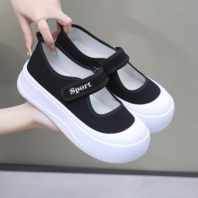 厚底帆布鞋女春夏新款魔术贴大头学生鞋玛丽珍女鞋时尚休闲小白鞋