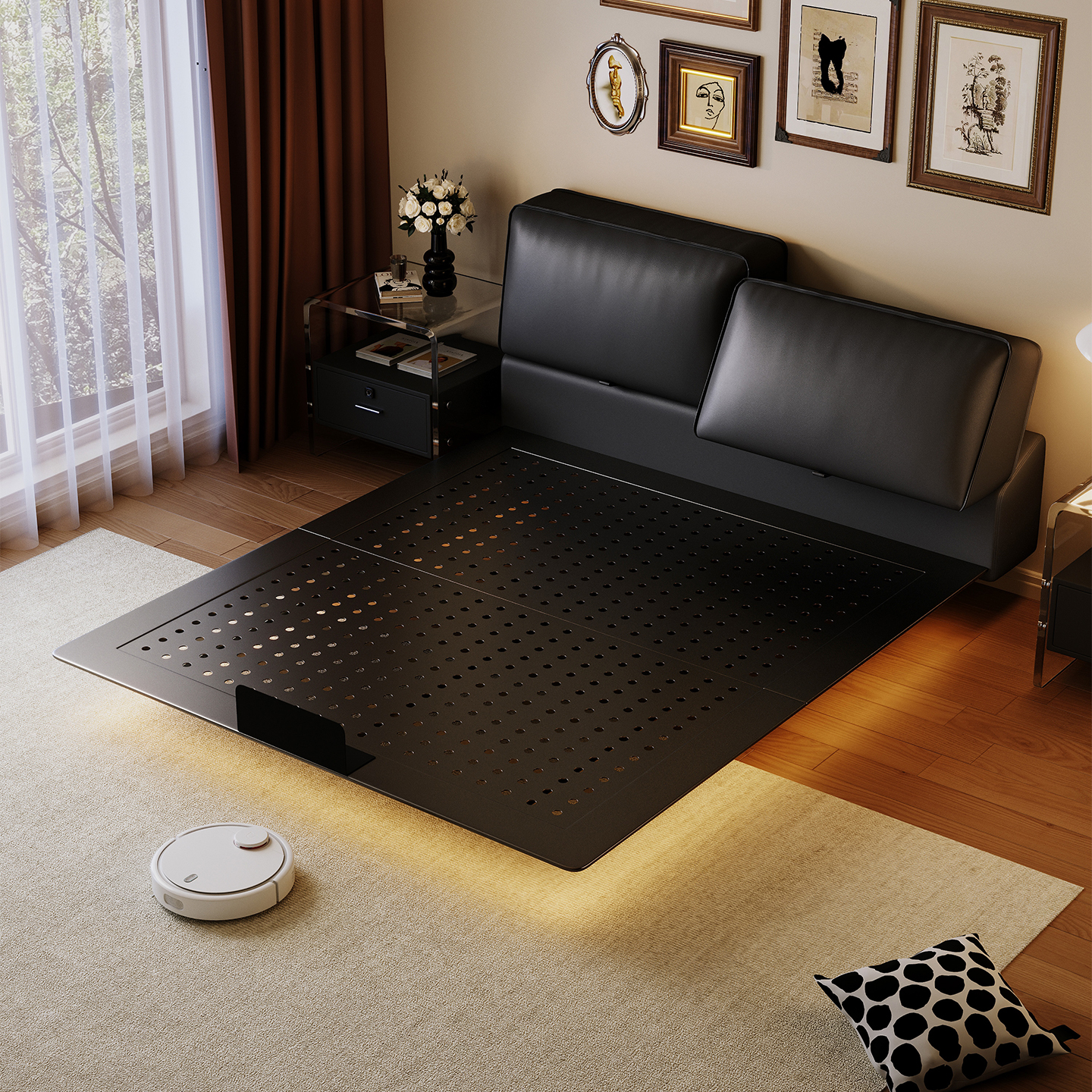 豆腐块碳素钢悬浮床架复古风可调节软包真皮床主卧室不锈钢铁艺床